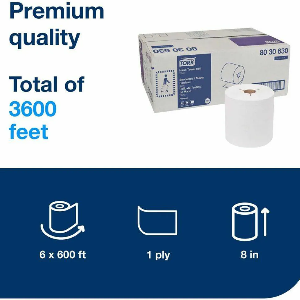 Tork Premium Hand Towel Roll, Notched, 1-Ply, 8" x 600 ft, White, 720 Sheets/Roll, 6 Rolls/Carton