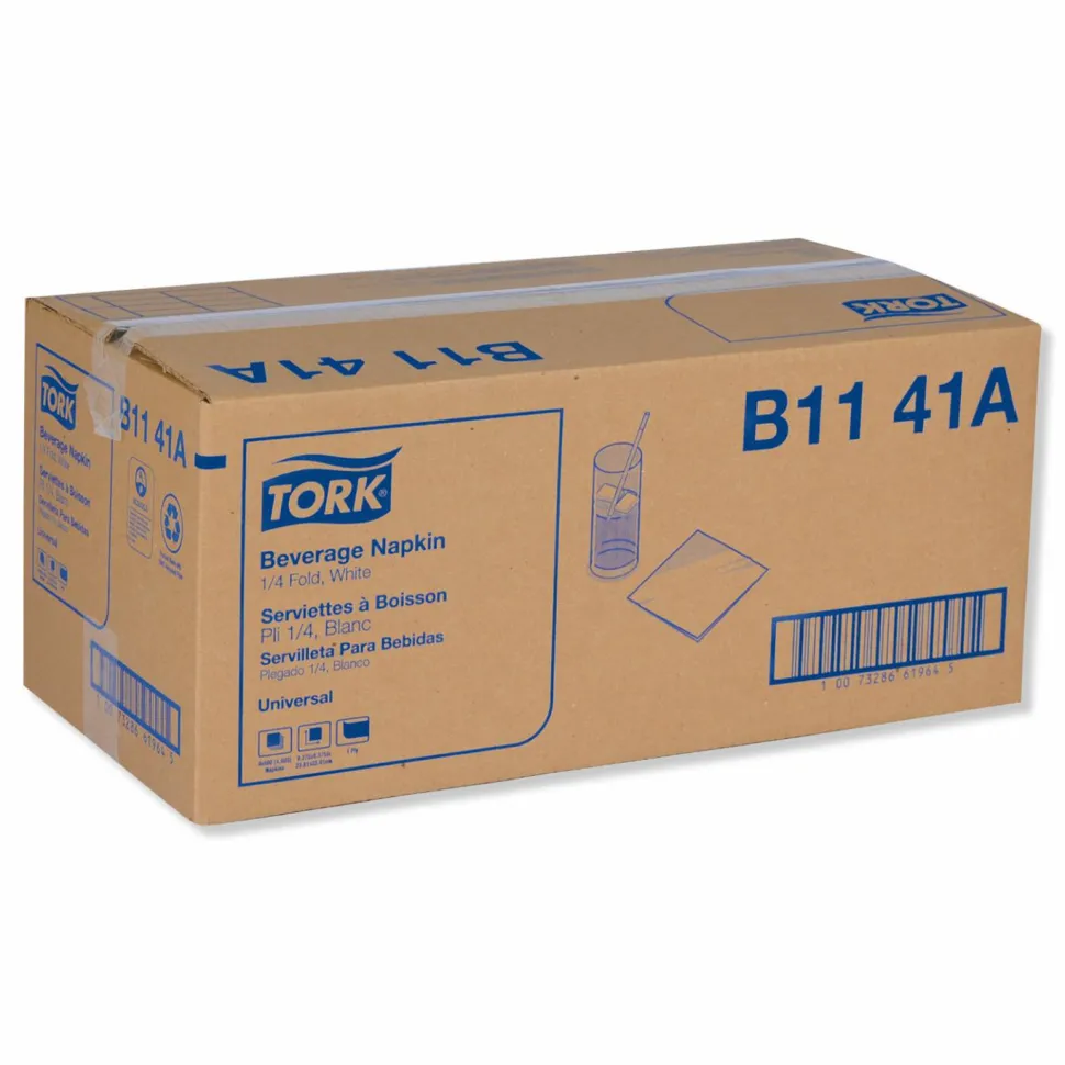 Tork Universal Beverage Napkin, 1-Ply, 9.13 x 9.13, 1/4 Fold, Poly-Pack, White, 4,000/Carton