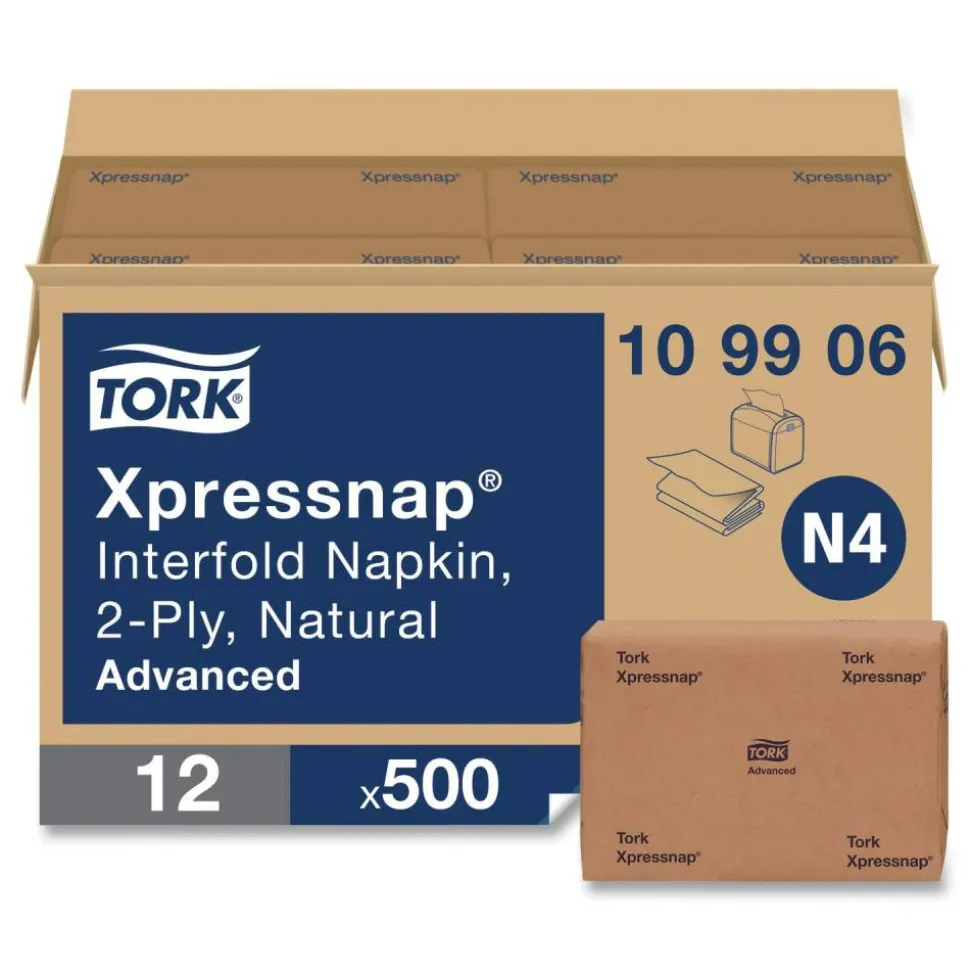 Tork Xpressnap Interfold Dispenser Napkins, 2-Ply, 6.5 x 8.5, Natural, 500/Pack, 12 Packs/Carton
