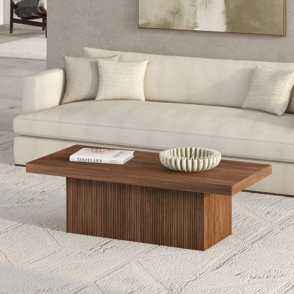 Torren 48" Wide Rectangular Fluted Coffee Table in Satin Walnut