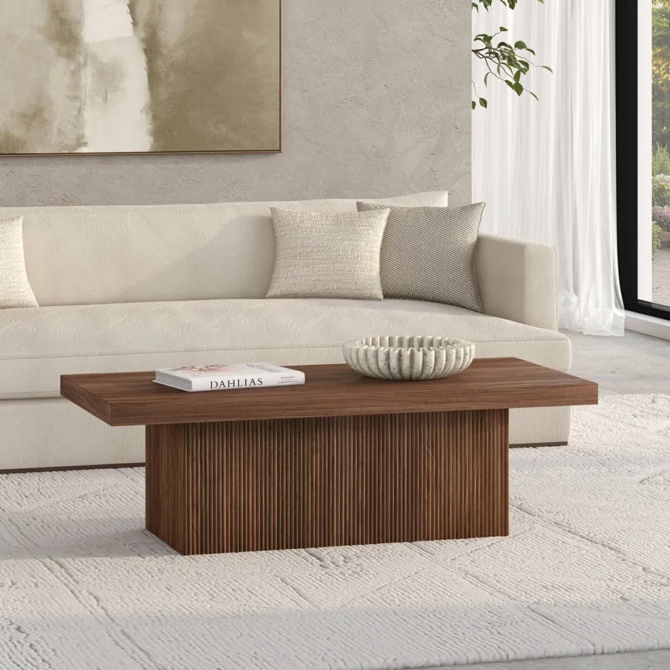 Torren 48" Wide Rectangular Fluted Coffee Table in Satin Walnut