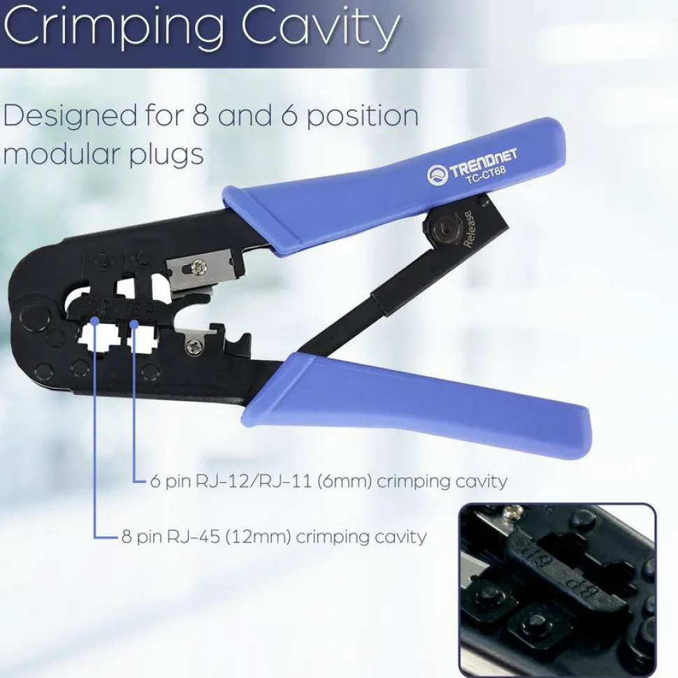 TRENDnet Crimping Tool, Crimp, Cut, And Strip Tool, For Any Ethernet or Telephone Cable, Built-In Cutter And Stripper, 8P-RJ-45 And 6P-RJ-12, RJ-11, All Steel Construction, Black, TC-CT68