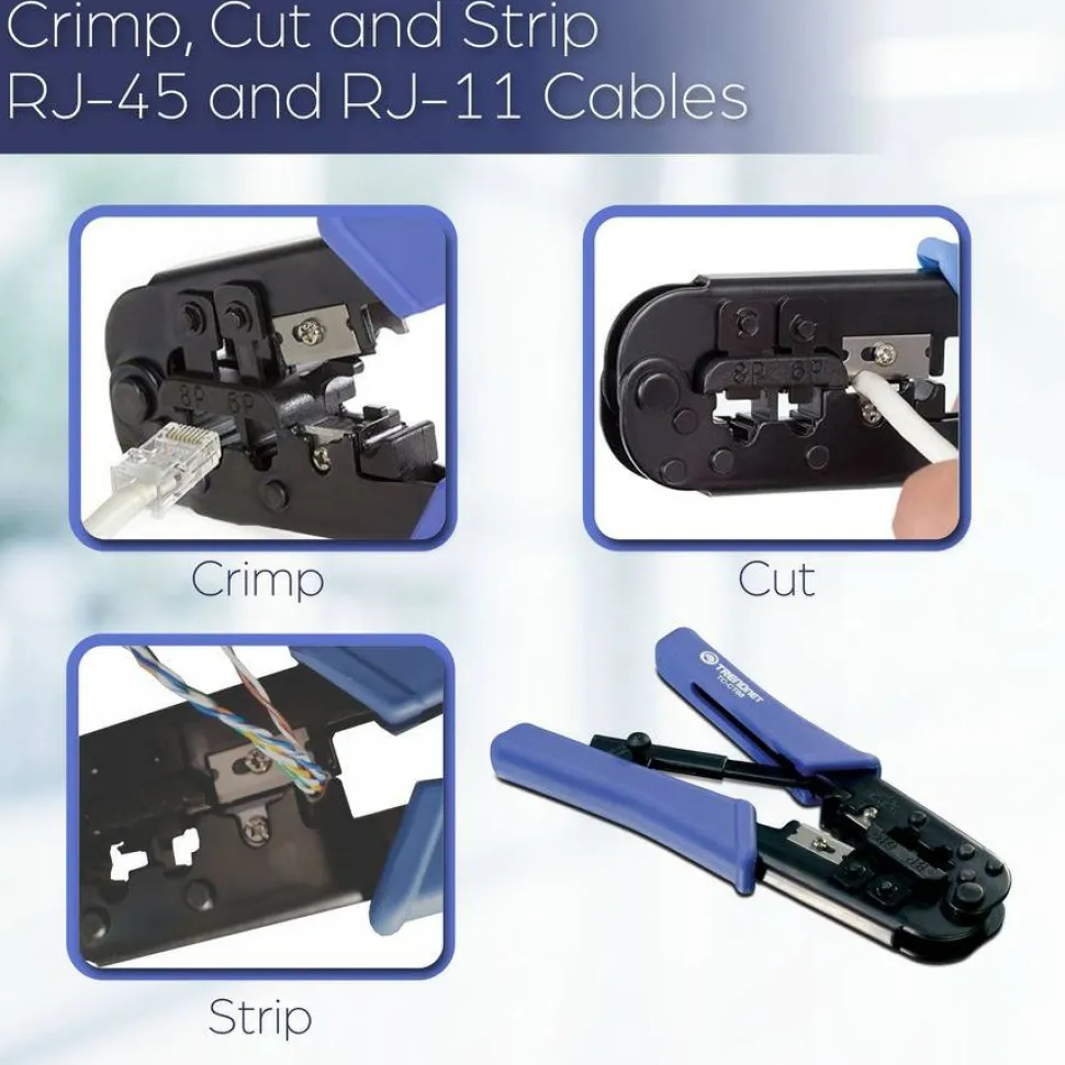 TRENDnet Crimping Tool, Crimp, Cut, And Strip Tool, For Any Ethernet or Telephone Cable, Built-In Cutter And Stripper, 8P-RJ-45 And 6P-RJ-12, RJ-11, All Steel Construction, Black, TC-CT68