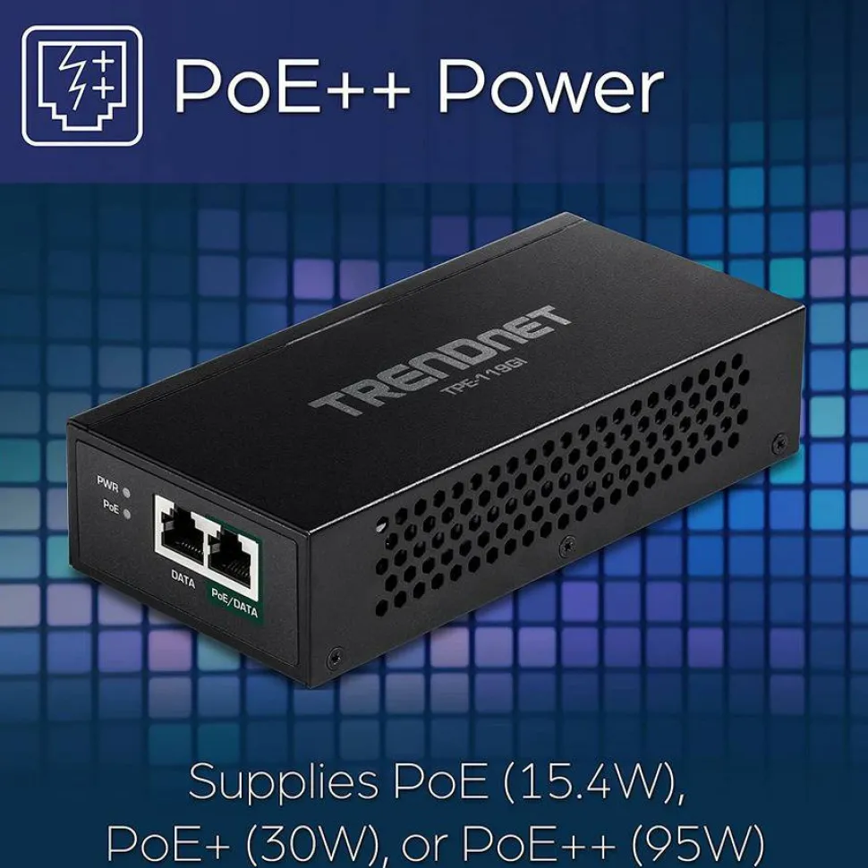 TRENDnet Gigabit PoE++ Injector, Convert A Non-PoE Port to A PoE++ Gigabit Port, PoE (15.4W), PoE+ (30W), Or PoE++ (95W), Up to 100m (328 ft), Integrated Power Supply, Black, TPE-119GI