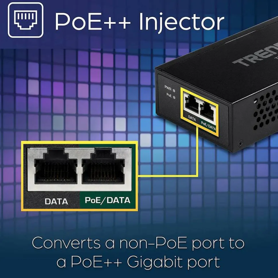TRENDnet Gigabit PoE++ Injector, Convert A Non-PoE Port to A PoE++ Gigabit Port, PoE (15.4W), PoE+ (30W), Or PoE++ (95W), Up to 100m (328 ft), Integrated Power Supply, Black, TPE-119GI