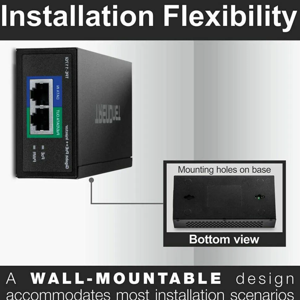 TRENDnet Gigabit PoE++ Injector, Supplies PoE (15.4W), PoE+ (30W), or PoE++ (60W), Network A PoE Device Up To 100m(328 ft), Supports IEEE 802.3af,802.at, Plug & Play, Black, TPE-117GI