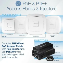 TRENDnet Gigabit Power Over Ethernet Injector, Full Duplex Gigabit Speeds, 1 x Gigabit Ethernet Port, 1 x PoE Gigabit Ethernet Port, Network Devices Up To 100M (328 ft), 15.4W, Black, TPE-113GI