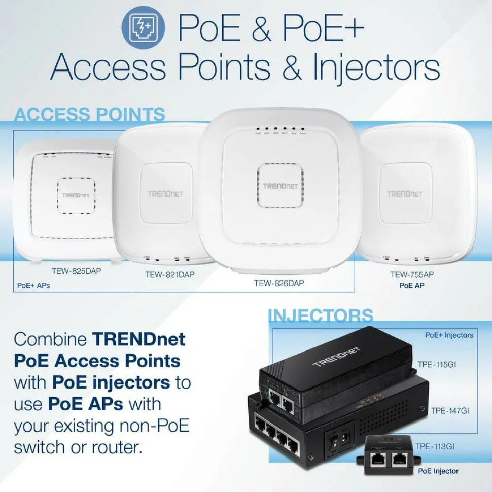 TRENDnet Gigabit Power Over Ethernet Injector, Full Duplex Gigabit Speeds, 1 x Gigabit Ethernet Port, 1 x PoE Gigabit Ethernet Port, Network Devices Up To 100M (328 ft), 15.4W, Black, TPE-113GI
