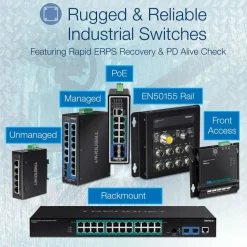 TRENDnet 10-Port Industrial Gigabit L2 Managed PoE+ DIN-Rail Switch, 8 x Gigabit PoE+ Ports, DIN-Rail Mount, 2 x SFP Slots, 2457V DC Power Input, IP30, VLAN, Lifetime Protection, Black, TI-PG102i