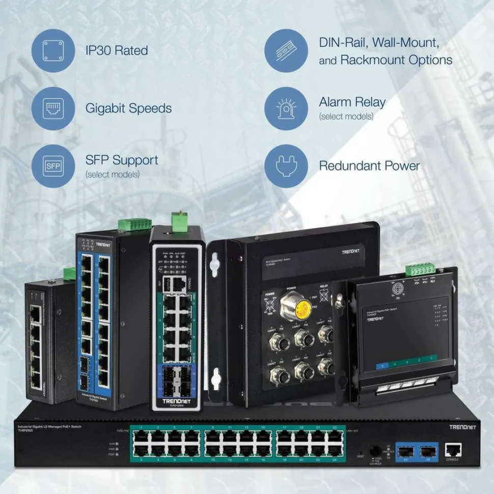 TRENDnet 10-Port Industrial Gigabit L2 Managed PoE+ DIN-Rail Switch, 8 x Gigabit PoE+ Ports, DIN-Rail Mount, 2 x SFP Slots, 2457V DC Power Input, IP30, VLAN, Lifetime Protection, Black, TI-PG102i