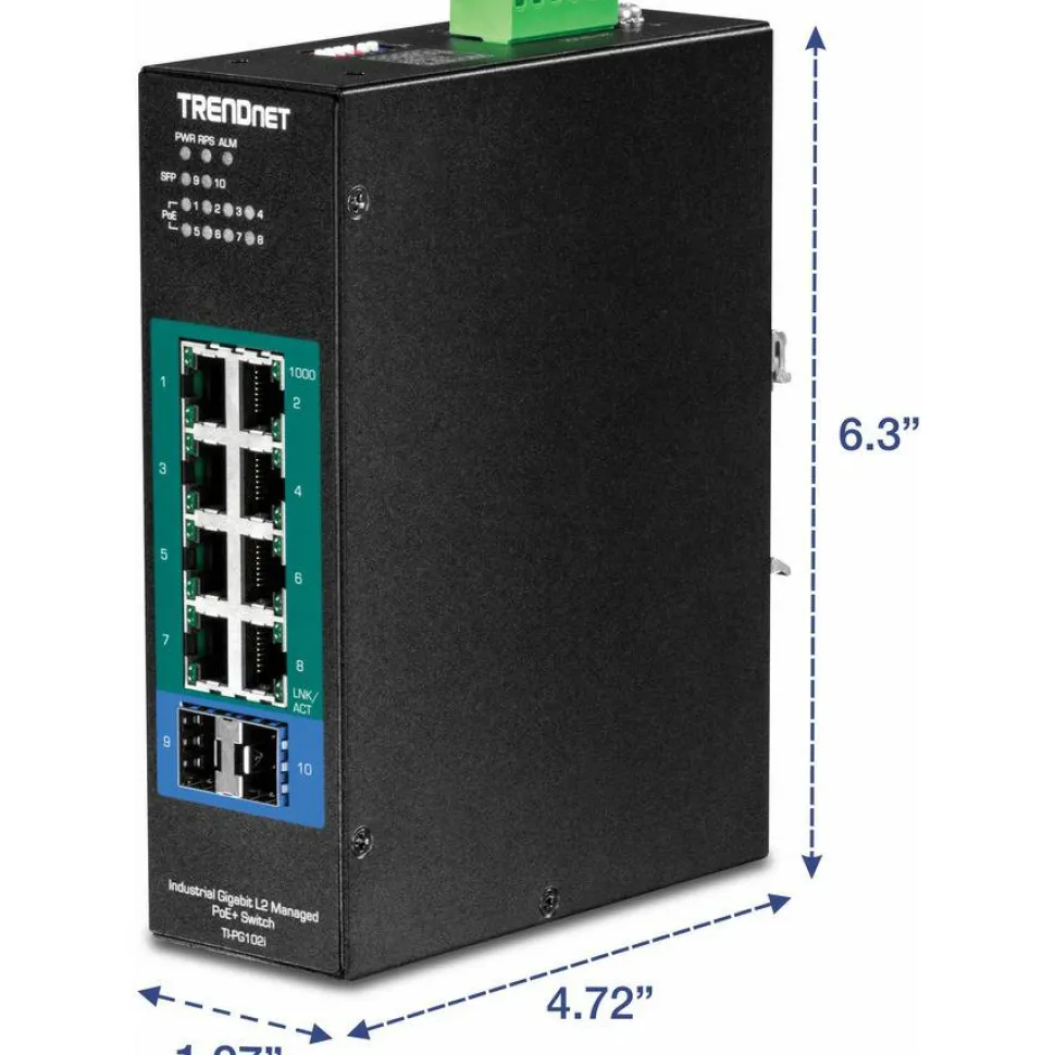 TRENDnet 10-Port Industrial Gigabit L2 Managed PoE+ DIN-Rail Switch, 8 x Gigabit PoE+ Ports, DIN-Rail Mount, 2 x SFP Slots, 2457V DC Power Input, IP30, VLAN, Lifetime Protection, Black, TI-PG102i