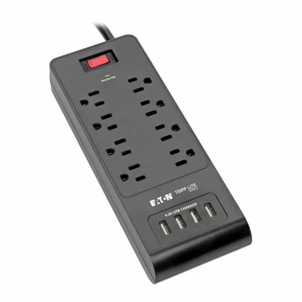 Tripp Lite by Eaton 8-Outlet Surge Protector with 4 USB Ports (4.2A Shared) - 6 ft. (1.83 m) Cord 1800 Joules Black