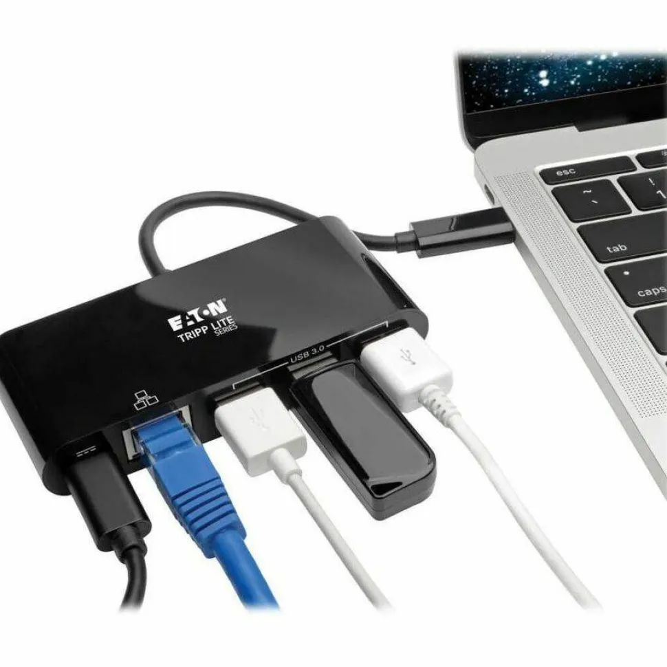 Tripp Lite by Eaton 3-Port USB-C Hub with LAN Port and Power Delivery USB-C to 3x USB-A Gbe 60W PD Charging USB 3.0 Black