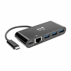 Tripp Lite by Eaton 3-Port USB-C Hub with LAN Port and Power Delivery USB-C to 3x USB-A Gbe 60W PD Charging USB 3.0 Black