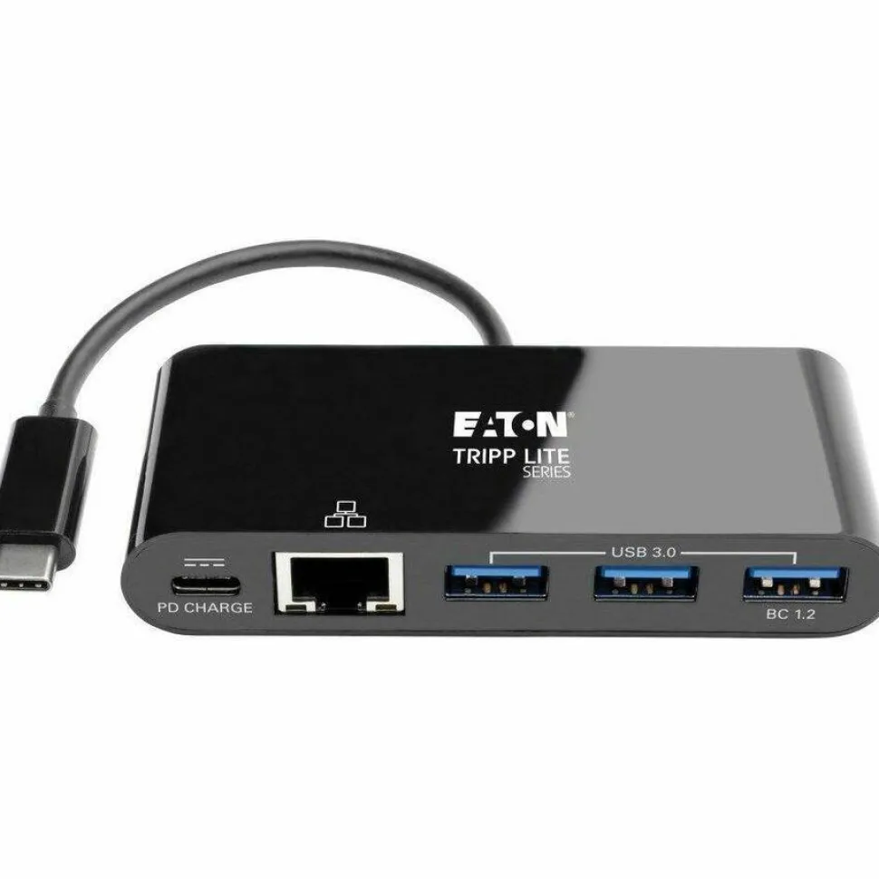Tripp Lite by Eaton 3-Port USB-C Hub with LAN Port and Power Delivery USB-C to 3x USB-A Gbe 60W PD Charging USB 3.0 Black