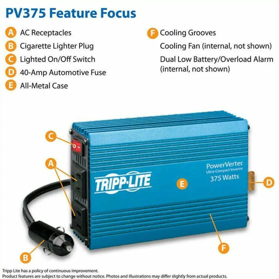 Tripp Lite by Eaton 375W Compact Car Portable Inverter 12V DC to 120V AC 2 Outlet