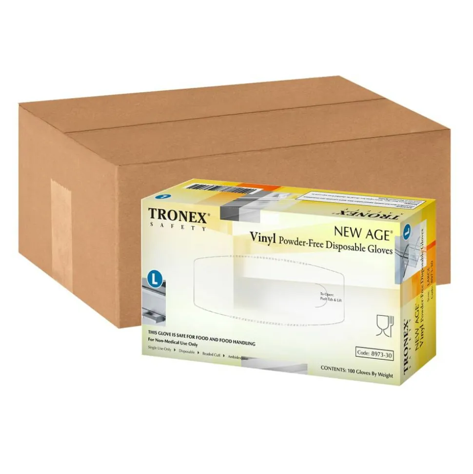 Tronex New Age Disposable Powder-Free Vinyl Gloves, Large, Natural, 100 Gloves Per Pack, Box Of 10 Packs