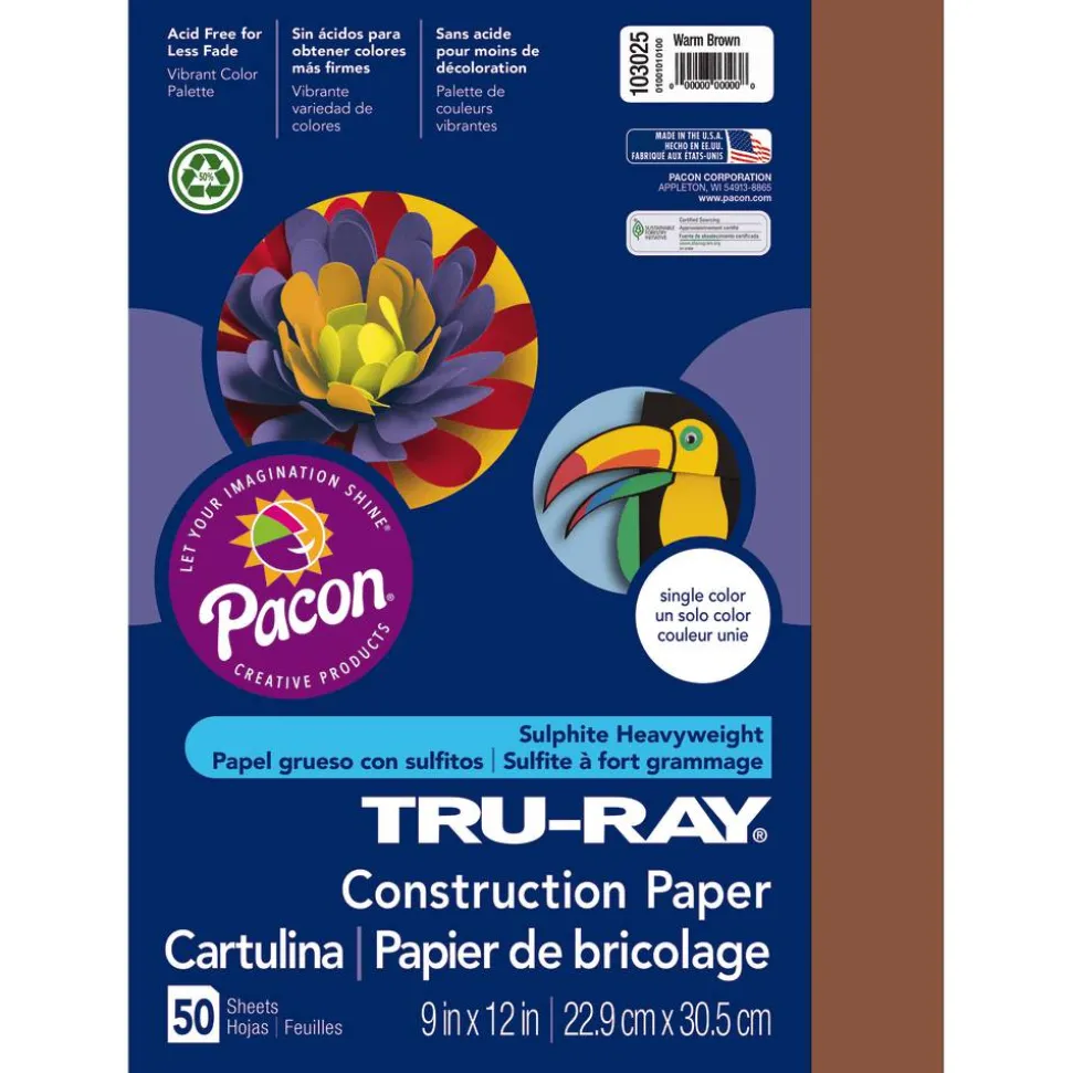 Tru-Ray Construction Paper, 50% Recycled, 9" x 12", Warm Brown, Pack Of 50