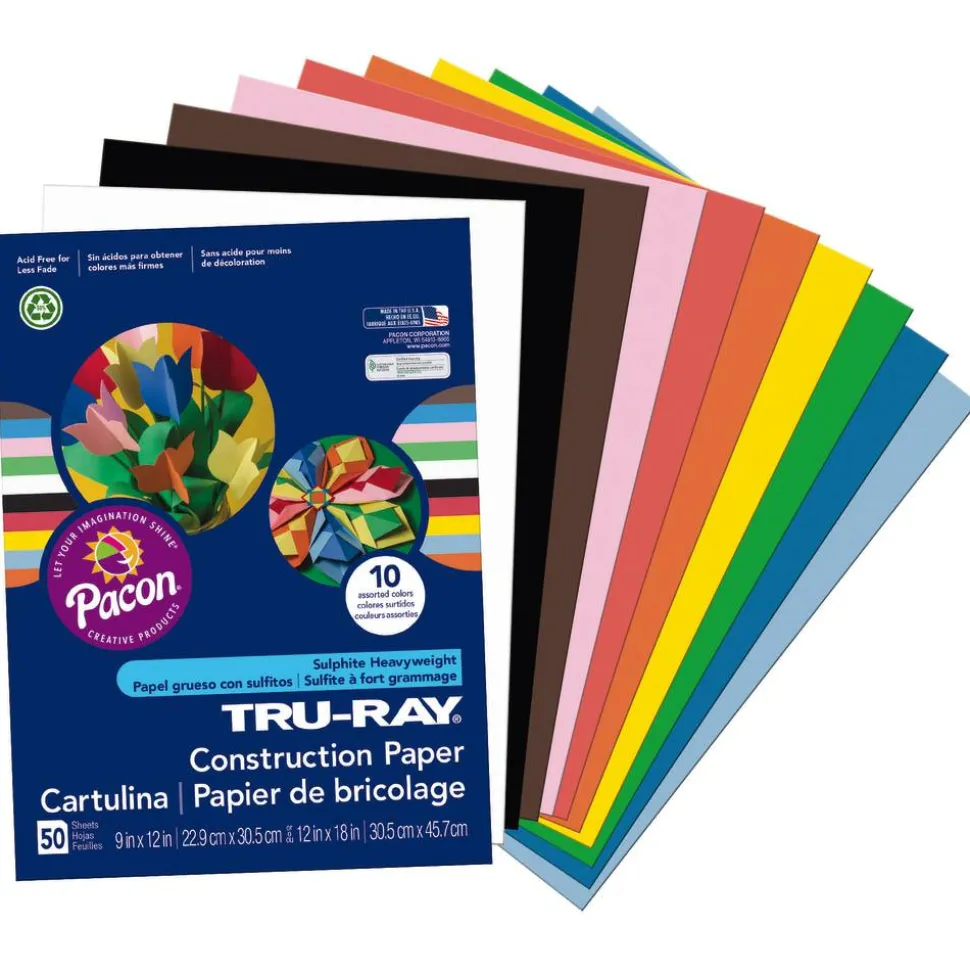 Tru-Ray Construction Paper, 50% Recycled, Assorted Colors, 9" x 12", Pack Of 50