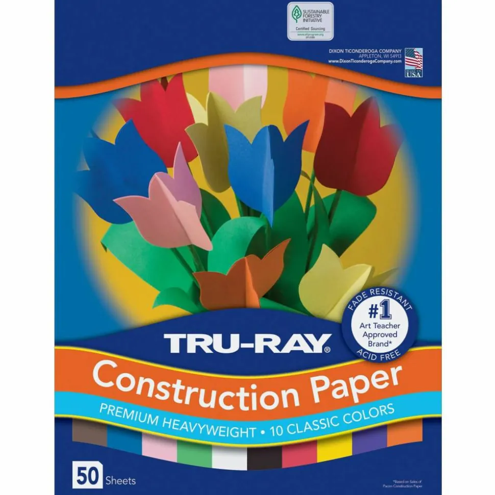 Tru-Ray Construction Paper, 50% Recycled, Assorted Colors, 9" x 12", Pack Of 50
