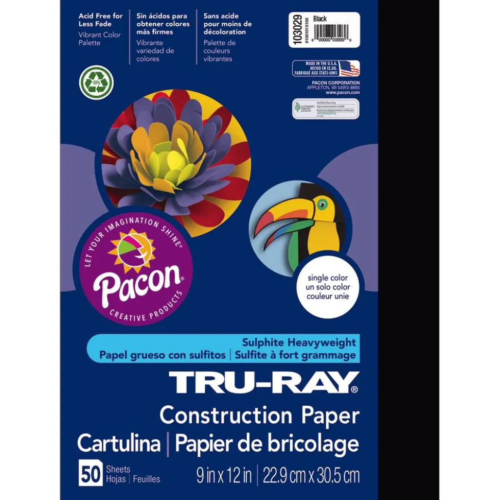 Tru-Ray Construction Paper, 50% Recycled, 9" x 12", Black, Pack Of 50