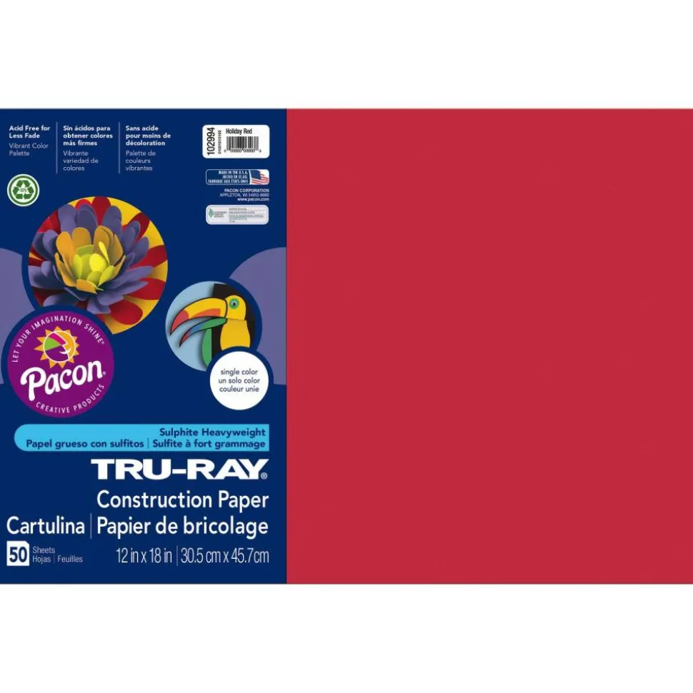 Tru-Ray Construction Paper, 50% Recycled, 12" x 18", Holiday Red, Pack Of 50