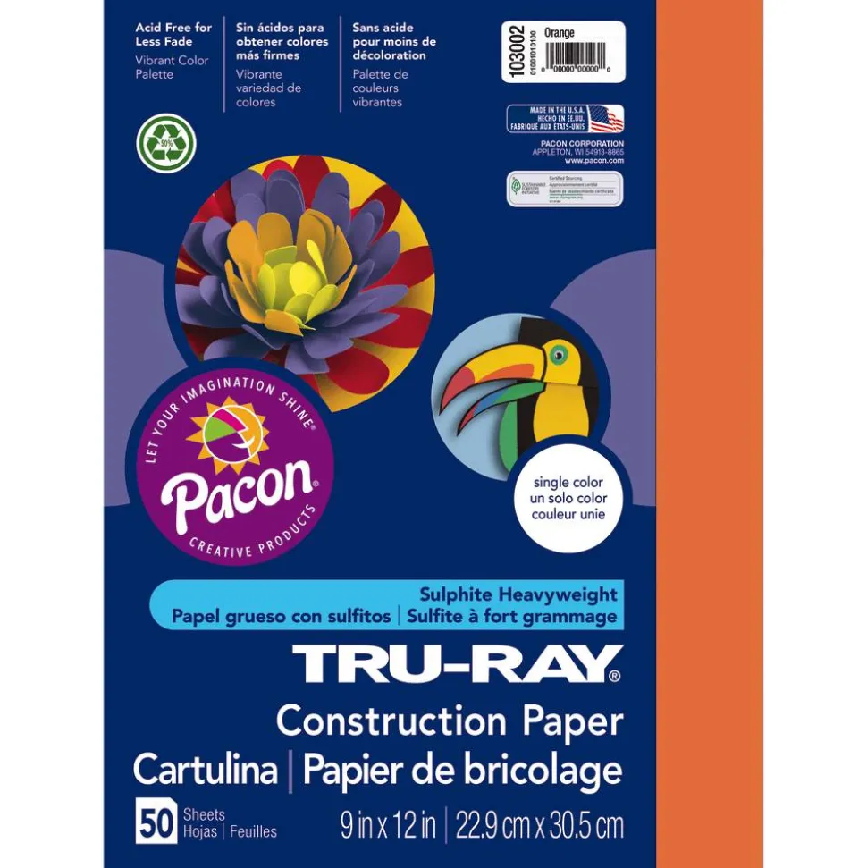 Tru-Ray Construction Paper, 50% Recycled, 9" x 12", Orange, Pack Of 50