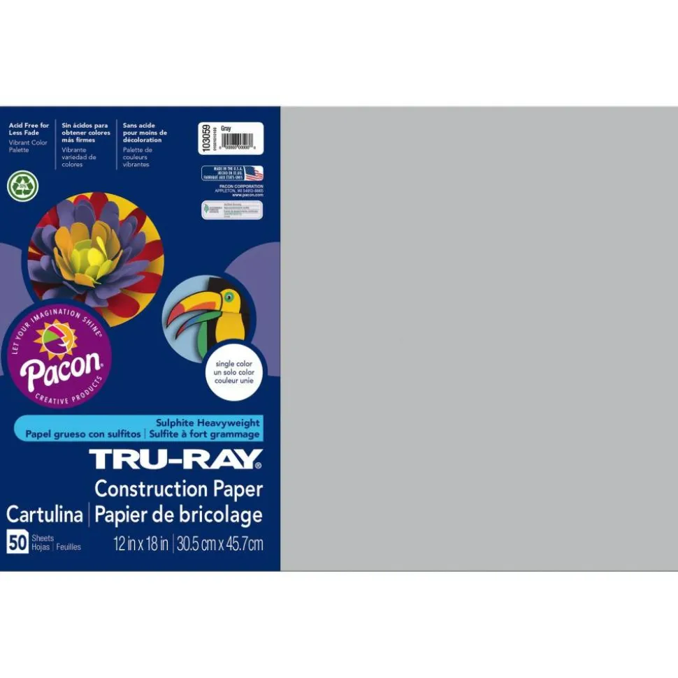 Tru-Ray Construction Paper, 50% Recycled, 12" x 18", Gray, Pack Of 50
