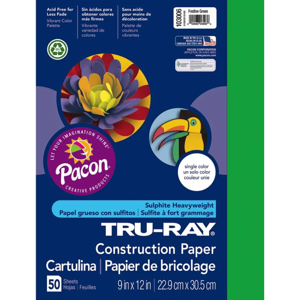 Tru-Ray Construction Paper, 50% Recycled, 9" x 12", Festive Green, Pack Of 50