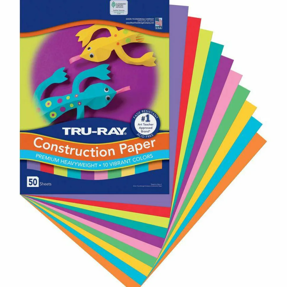 Tru-Ray Construction Paper, 50% Recycled, 9" x 12", Assorted Brights, Pack Of 50