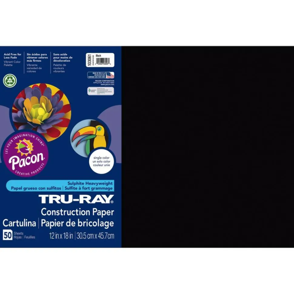 Tru-Ray Construction Paper, 50% Recycled, 12" x 18", Black, Pack Of 50