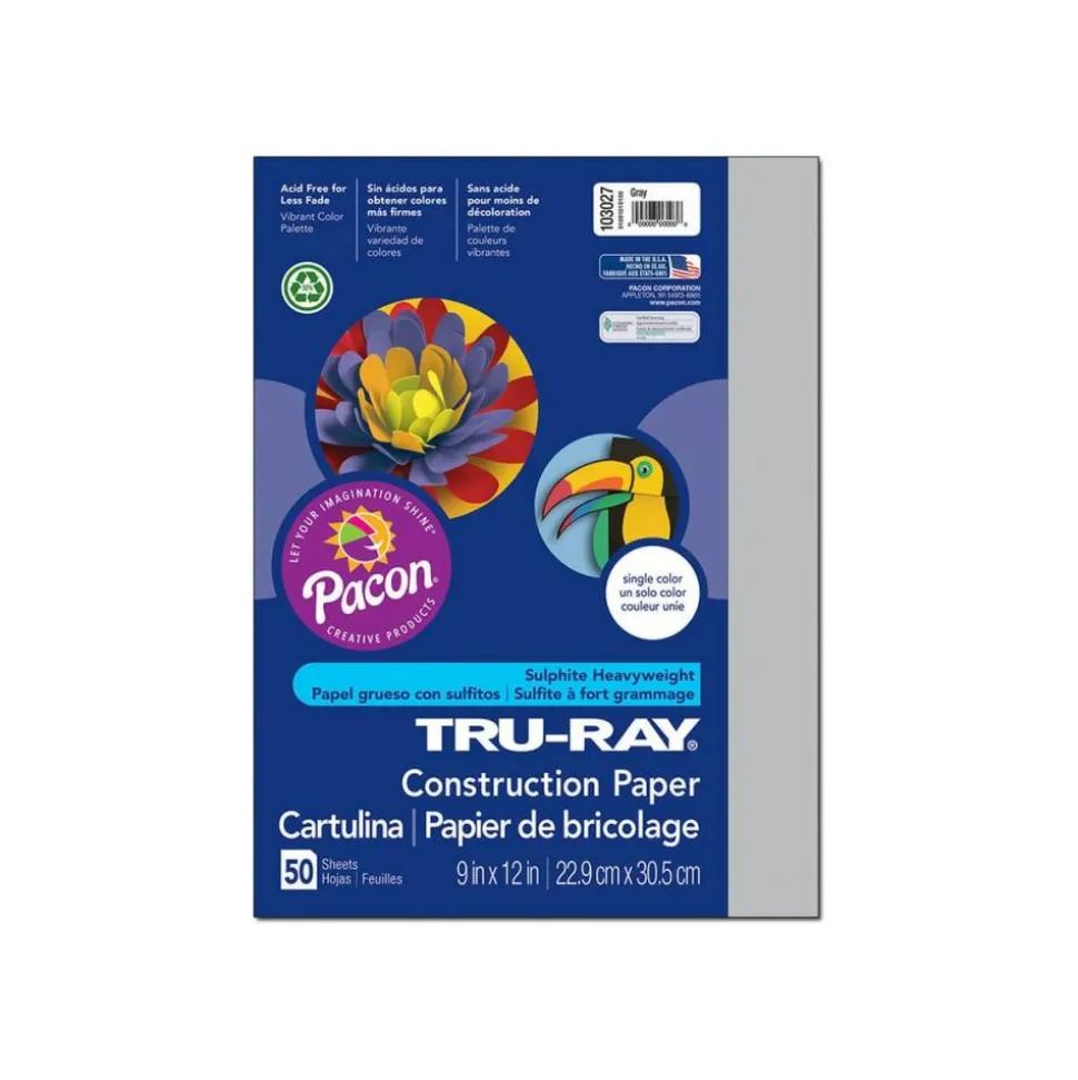 Tru-Ray Construction Paper, 50% Recycled, 9" x 12", Gray, Pack Of 50