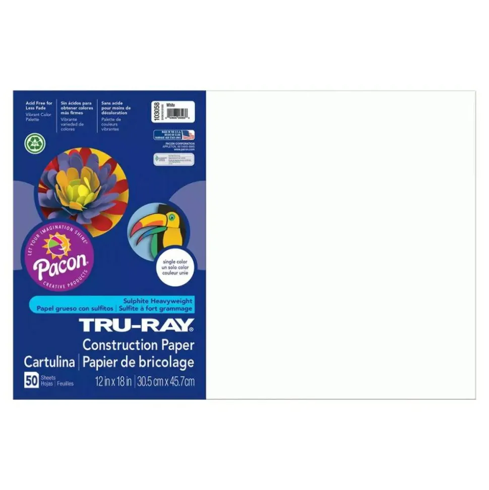 Tru-Ray Construction Paper, 50% Recycled, 12" x 18", White, Pack Of 50