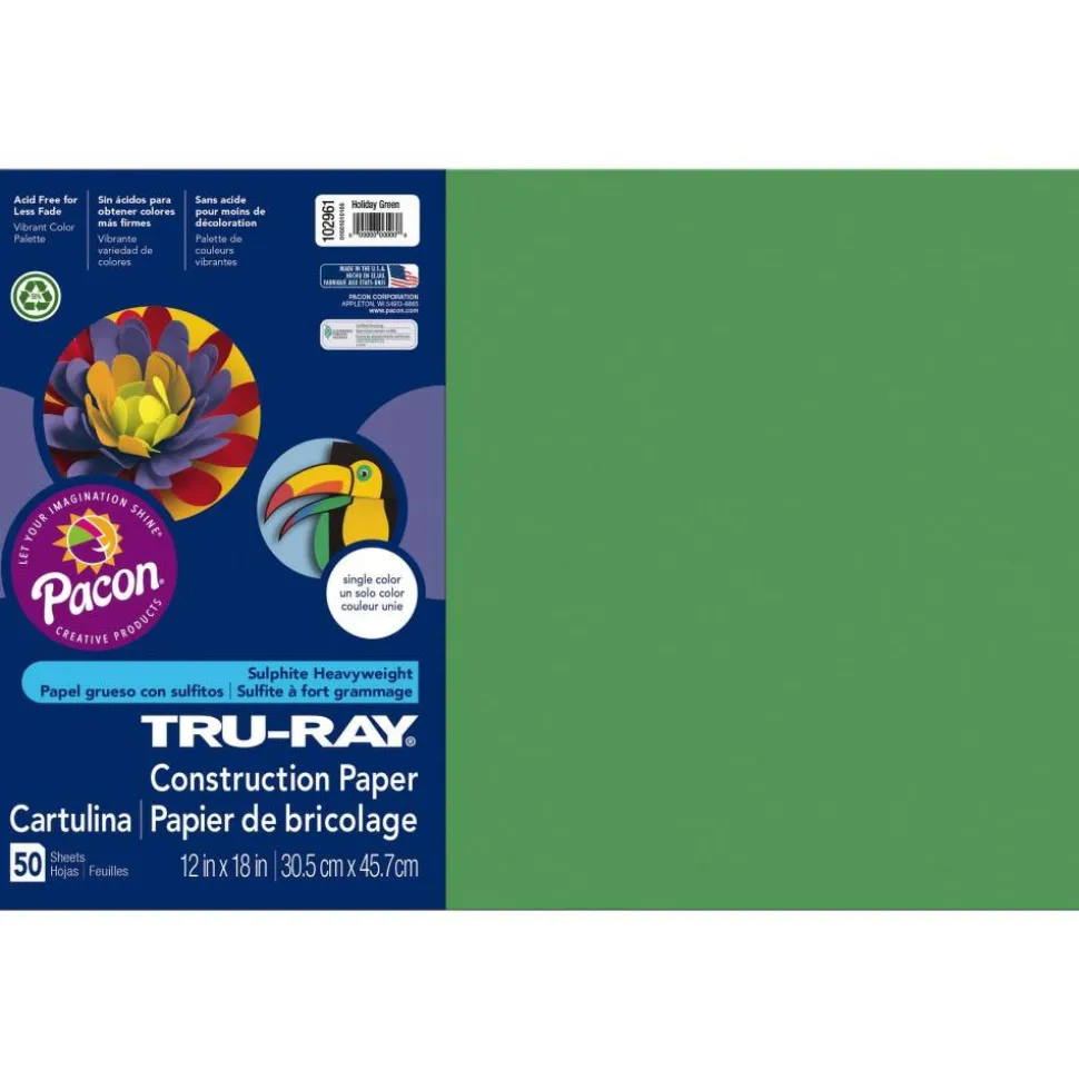 Tru-Ray Construction Paper, 50% Recycled, 12" x 18", Holiday Green, Pack Of 50