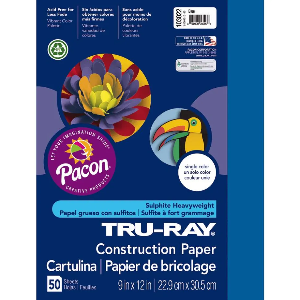 Tru-Ray Construction Paper, 50% Recycled, 9" x 12", Blue, Pack Of 50