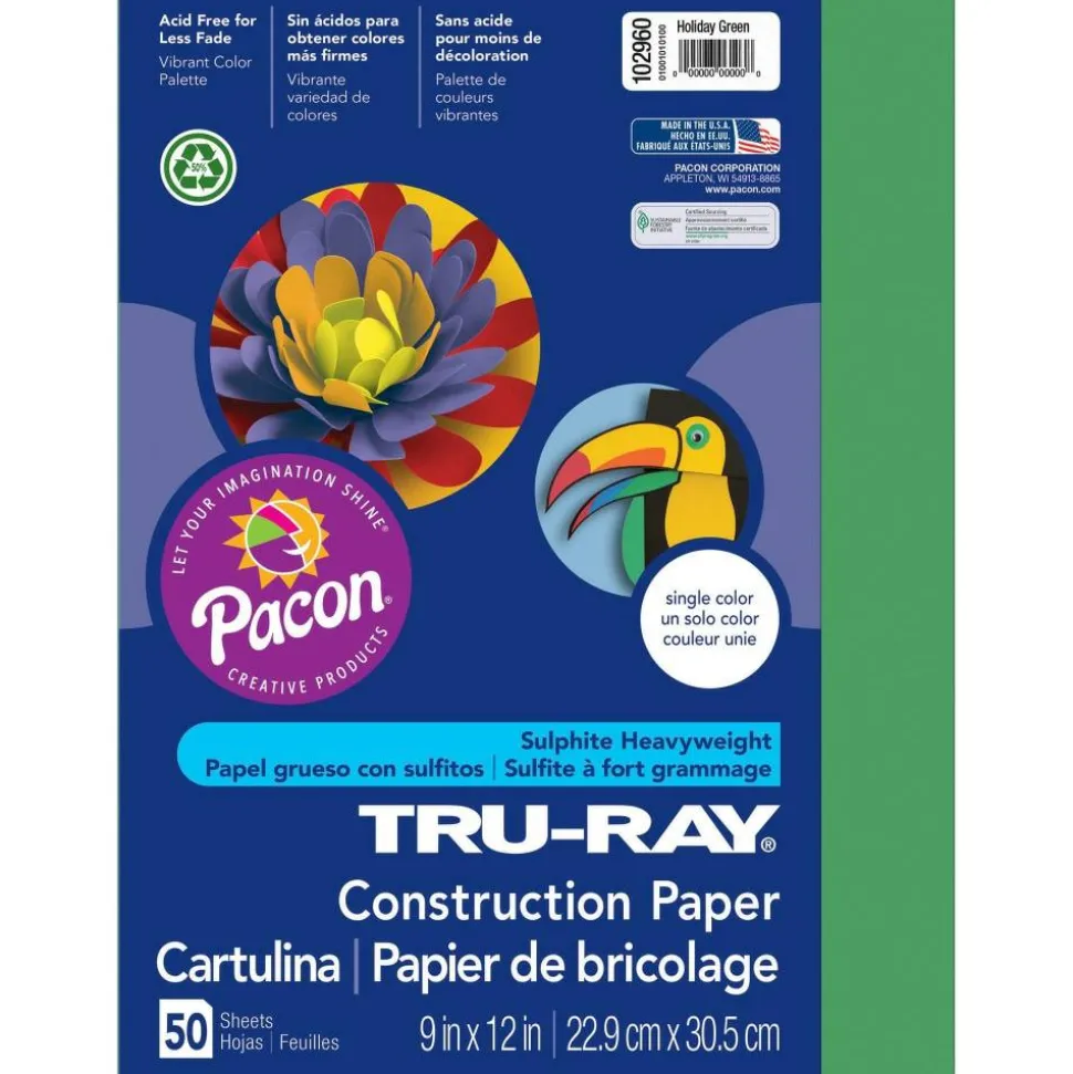 Tru-Ray Construction Paper, 50% Recycled, 9" x 12", Holiday Green, Pack Of 50