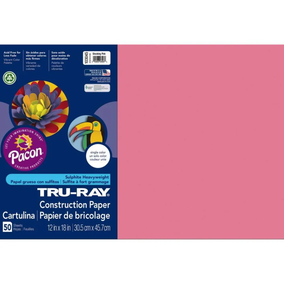 Tru-Ray Construction Paper, 50% Recycled, 12" x 18", Shocking Pink, Pack Of 50
