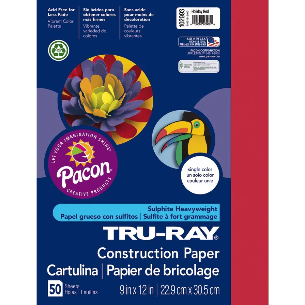Tru-Ray Construction Paper, 50% Recycled, 9" x 12", Holiday Red, Pack Of 50