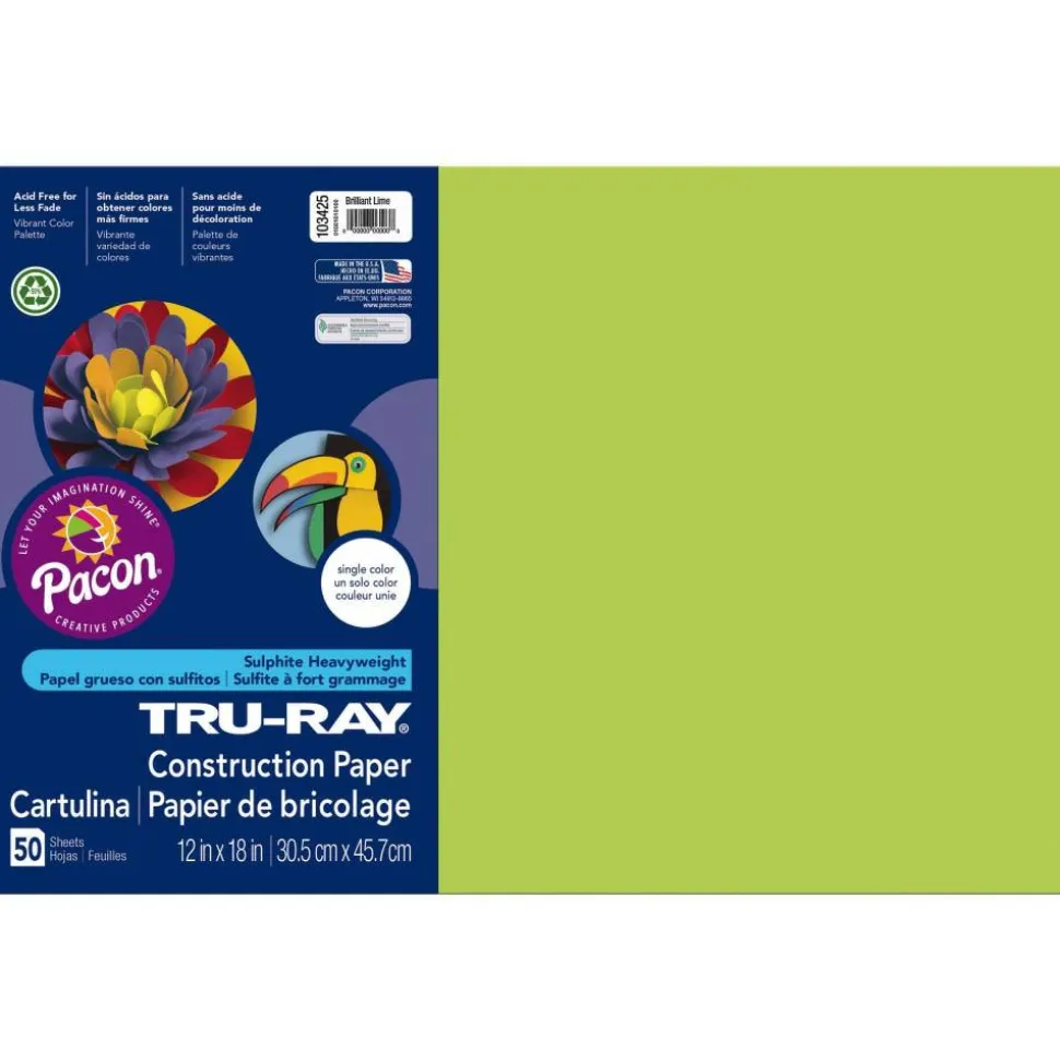 Tru-Ray Construction Paper, 50% Recycled, 12" x 18", Brilliant Lime, Pack Of 50