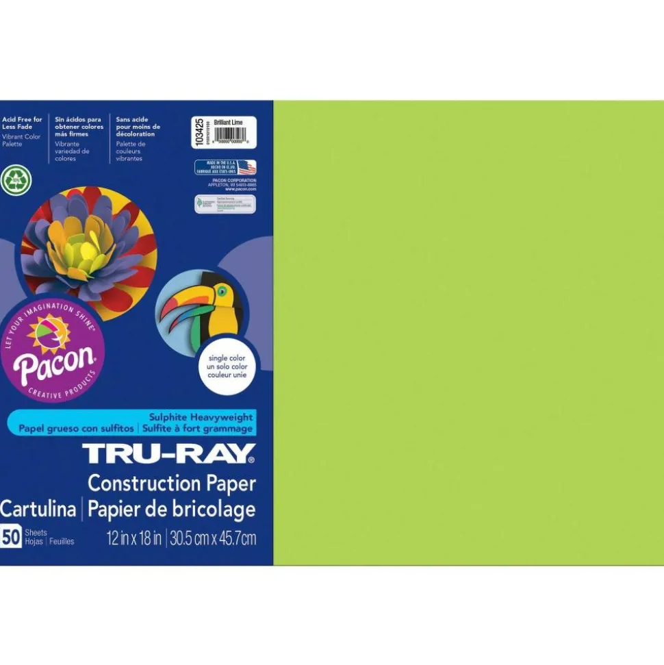 Tru-Ray Construction Paper, 50% Recycled, 12" x 18", Brilliant Lime, Pack Of 50