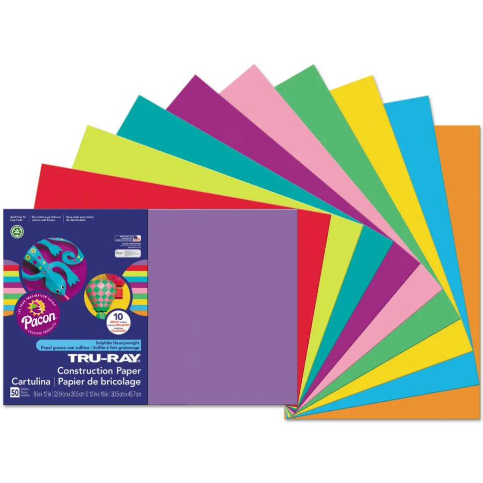 Tru-Ray Construction Paper, 50% Recycled, Assorted Colors, 12" x 18", Pack Of 50 Sheets