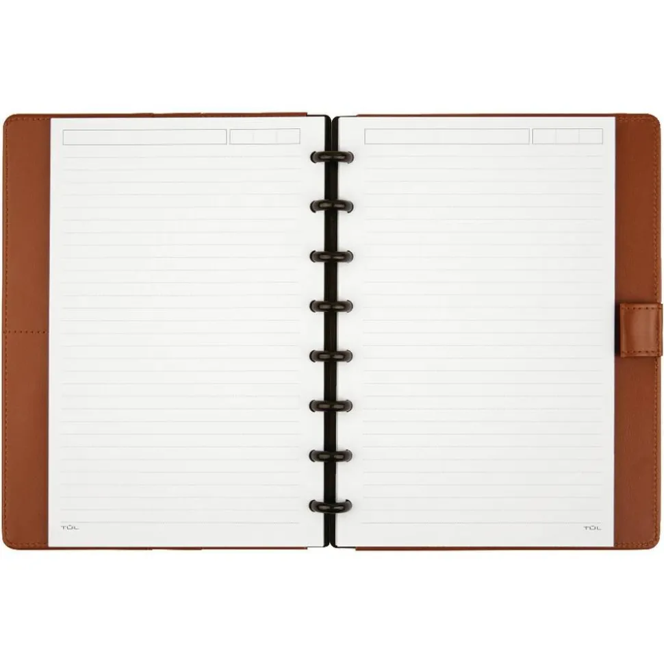 TUL Discbound Notebook With Leather Cover, Junior Size, Narrow Ruled, 60 Sheets, Brown