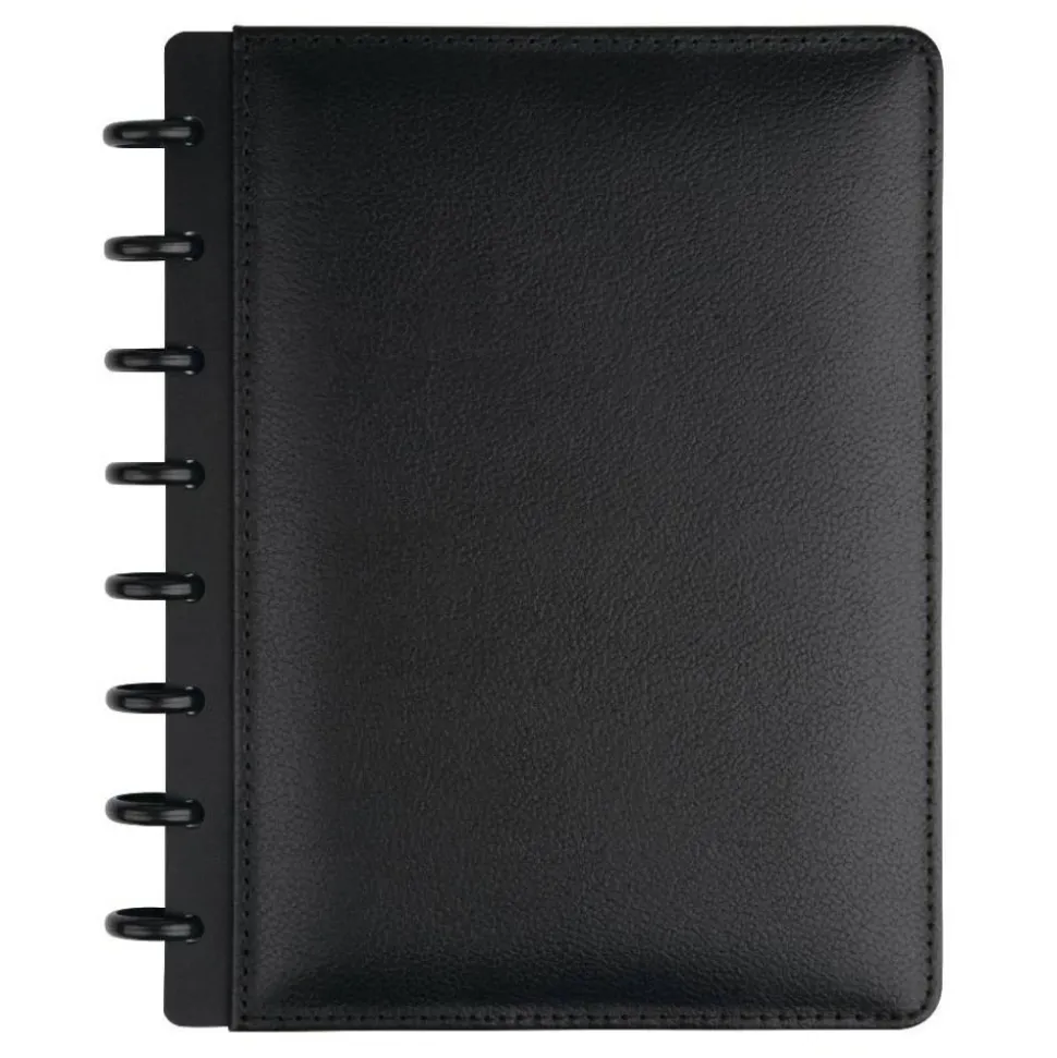 TUL Discbound Notebook With Leather Cover, Junior Size, Narrow Ruled, 60 Sheets, Black