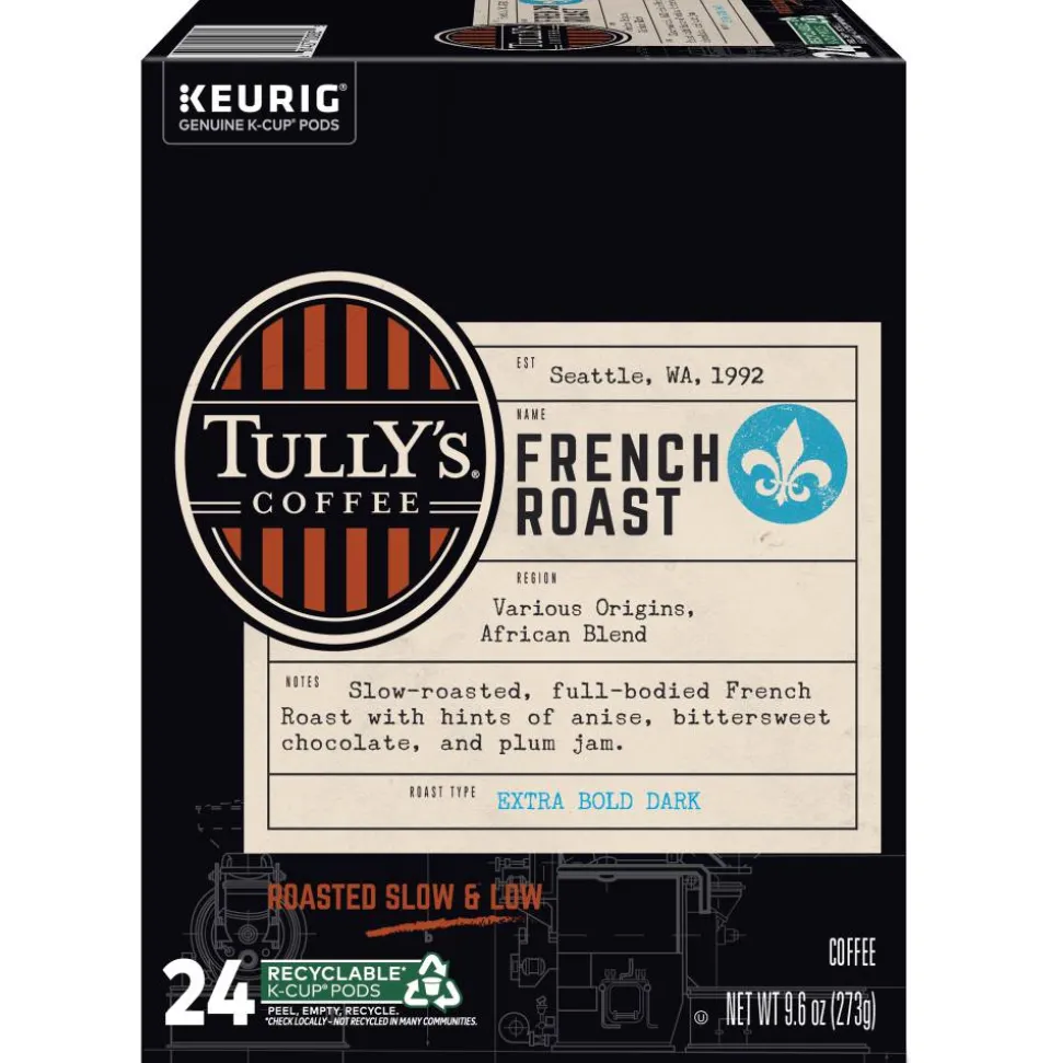 Tully's Coffee French Roast Keurig Single-Serve K-Cup Pods, Dark Roast, 24 Pods Per Pack, Case Of 4 Packs