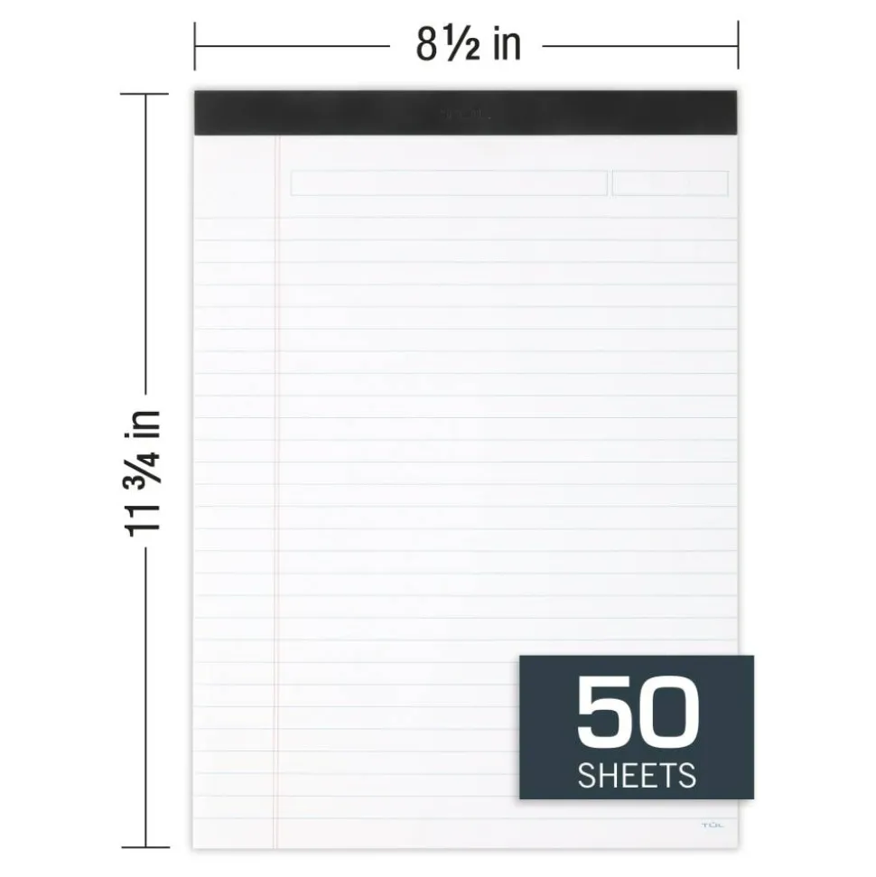 TUL Writing Pads, Letter Size, Wide Rule, 50 Sheets Per Pad, White, Pack Of 6 Pads