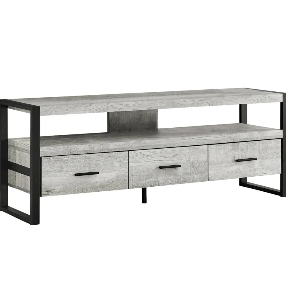 Tv Stand, 60 Inch, Console, Media Entertainment Center, Storage Drawers, Living Room, Bedroom, Grey Laminate, Black Metal, Contemporary, Modern