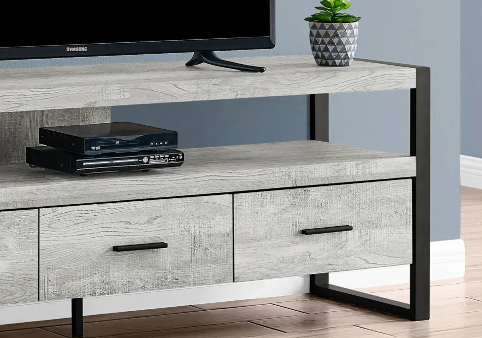 Tv Stand, 60 Inch, Console, Media Entertainment Center, Storage Drawers, Living Room, Bedroom, Grey Laminate, Black Metal, Contemporary, Modern