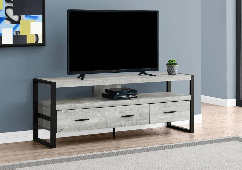 Tv Stand, 60 Inch, Console, Media Entertainment Center, Storage Drawers, Living Room, Bedroom, Grey Laminate, Black Metal, Contemporary, Modern