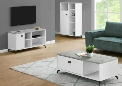 Tv Stand, 48 Inch, Console, Media Entertainment Center, Storage Cabinet, Living Room, Bedroom, White And Grey Laminate, Black Metal, Contemporary, Modern