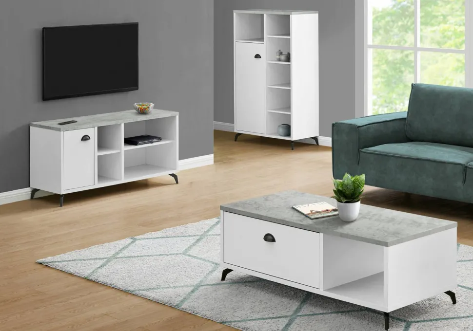 Tv Stand, 48 Inch, Console, Media Entertainment Center, Storage Cabinet, Living Room, Bedroom, White And Grey Laminate, Black Metal, Contemporary, Modern